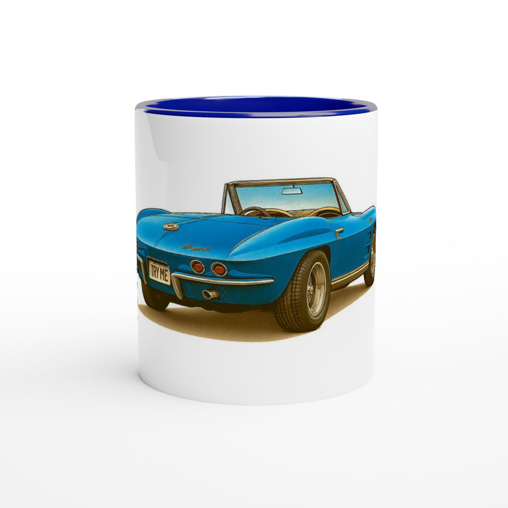 Mug with a blue vintage car design on a white background