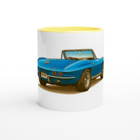 Load image into Gallery viewer, Mug with a blue convertible car design on a white background
