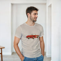 Load image into Gallery viewer, Man wearing a beige t-shirt with a red car graphic in a minimalistic room.
