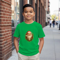 Load image into Gallery viewer, Child wearing a green t-shirt with a Santa Claus graphic on a city street.
