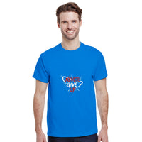 Load image into Gallery viewer, Man wearing a blue t-shirt with &#39;Never Give Up&#39; text on a white background
