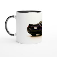 Load image into Gallery viewer, White mug with a black interior and handle, featuring a car design on a white background.
