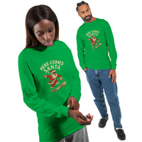 Load image into Gallery viewer, Two people wearing green long-sleeve shirts with a Christmas-themed design on a white background.
