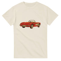 Load image into Gallery viewer, Beige t-shirt with a red vintage car graphic on a white background
