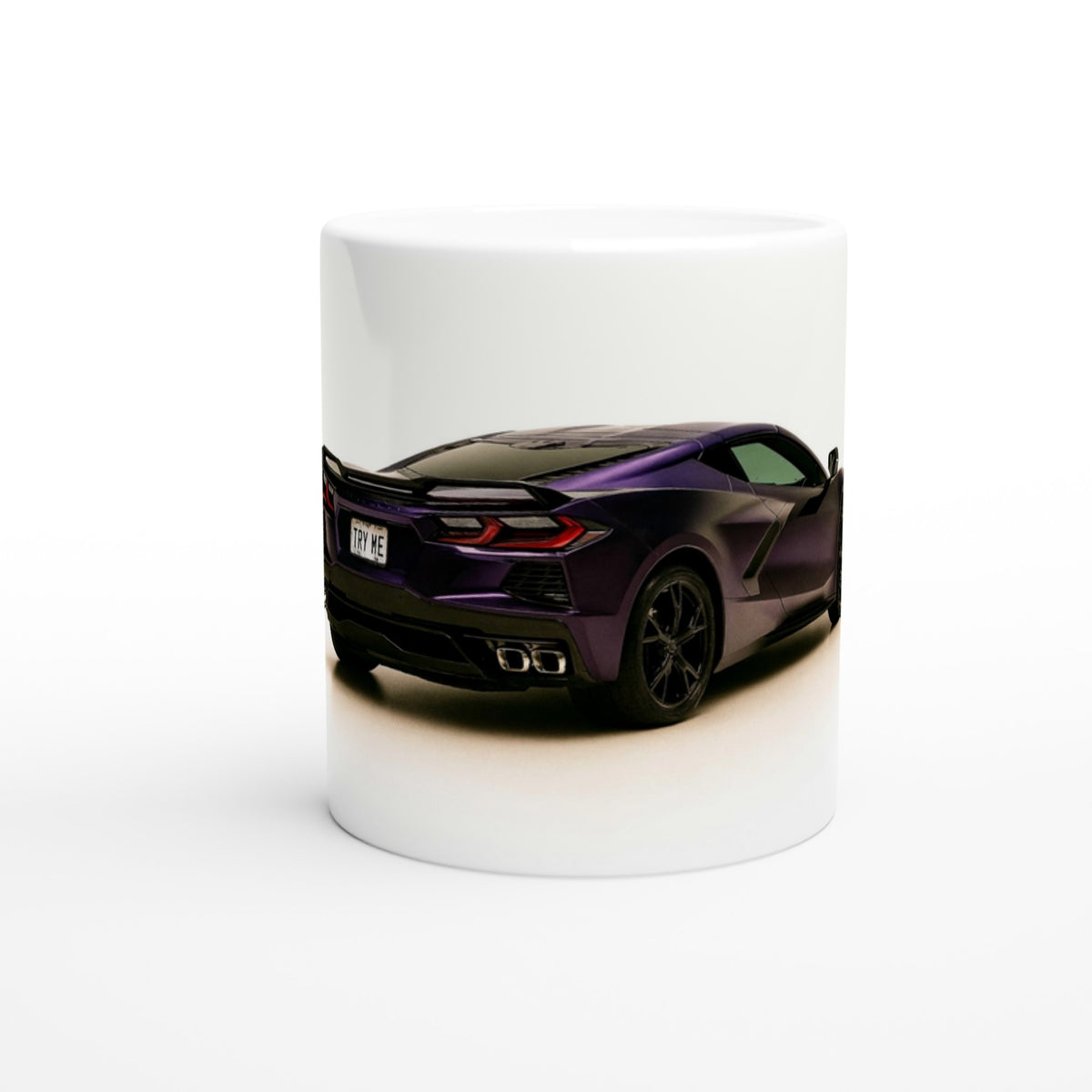 White mug with a purple sports car design on a white background