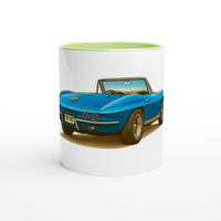 Load image into Gallery viewer, Mug with a blue convertible car design on a white background
