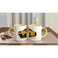 Load image into Gallery viewer, Two mugs with yellow interior and exterior, featuring images of a yellow car on a checkered tablecloth.
