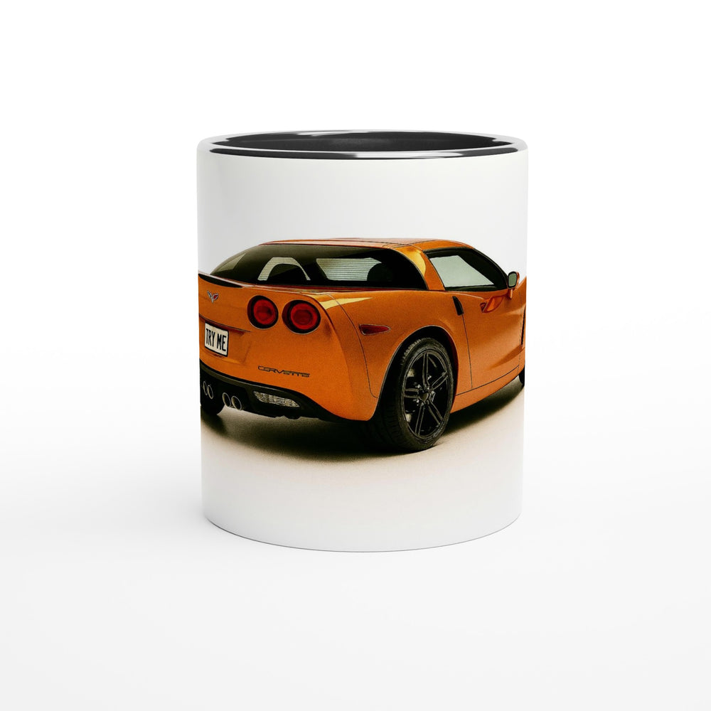 Mug with an orange sports car design on a white background