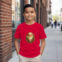 Load image into Gallery viewer, Child wearing a red t-shirt with a Santa Claus design on a city street.
