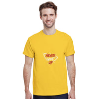 Load image into Gallery viewer, Man wearing a yellow t-shirt with &#39;Never Give Up&#39; text on a white background
