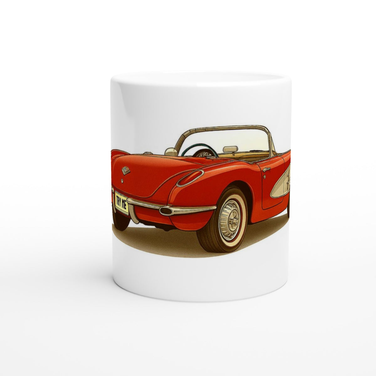 White mug with a red car illustration on a white background