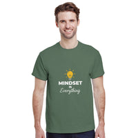 Load image into Gallery viewer, Man wearing a green t-shirt with &#39;MINDSET is Everything&#39; text and light bulb graphic on a white background
