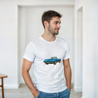 Load image into Gallery viewer, Man wearing a white t-shirt with a blue car graphic in a minimalistic room.
