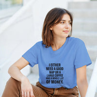 Load image into Gallery viewer, Woman wearing a blue t-shirt with a humorous text design, sitting outdoors.
