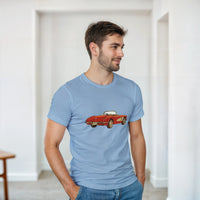 Load image into Gallery viewer, Man wearing a blue t-shirt with a red car graphic in a minimal indoor setting

