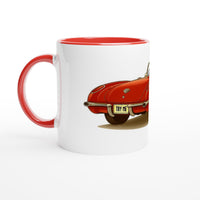 Load image into Gallery viewer, White mug with red interior and handle, featuring a red car design on a white background
