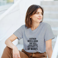 Load image into Gallery viewer, Woman wearing a gray t-shirt with a humorous text design, sitting outdoors.
