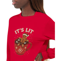 Load image into Gallery viewer, Red sweatshirt with gingerbread man and &#39;It&#39;s Lit&#39; text design.
