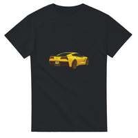 Load image into Gallery viewer, Black t-shirt with a yellow sports car graphic on a white background

