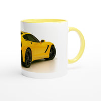 Load image into Gallery viewer, Mug with a yellow car design on a white background
