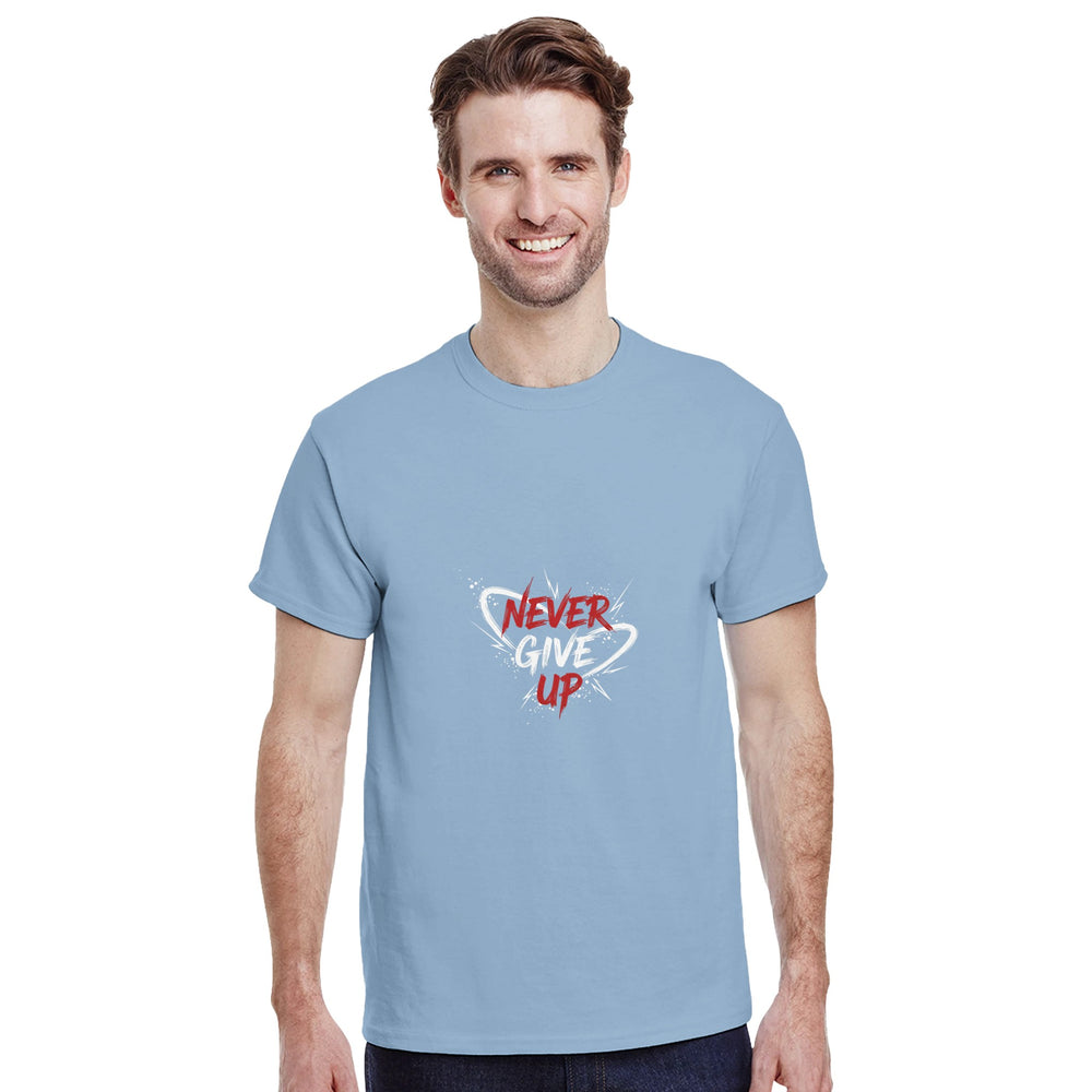 Man wearing a light blue t-shirt with 'Never Give Up' text on a white background