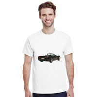 Load image into Gallery viewer, Man wearing a white t-shirt with a black car graphic on a white background
