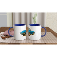 Load image into Gallery viewer, Two mugs with blue interior and handle on a checkered tablecloth, featuring images of classic cars.
