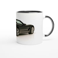 Load image into Gallery viewer, White mug with black interior and handle featuring a car design on a white background
