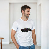 Load image into Gallery viewer, Man wearing a white t-shirt with a black car graphic in a minimalistic room.
