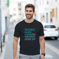 Load image into Gallery viewer, Man wearing a black t-shirt with motivational text on a city street
