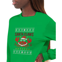 Load image into Gallery viewer, Green sweatshirt with &#39;Santa Claws&#39; design featuring a crab wearing a Santa hat.
