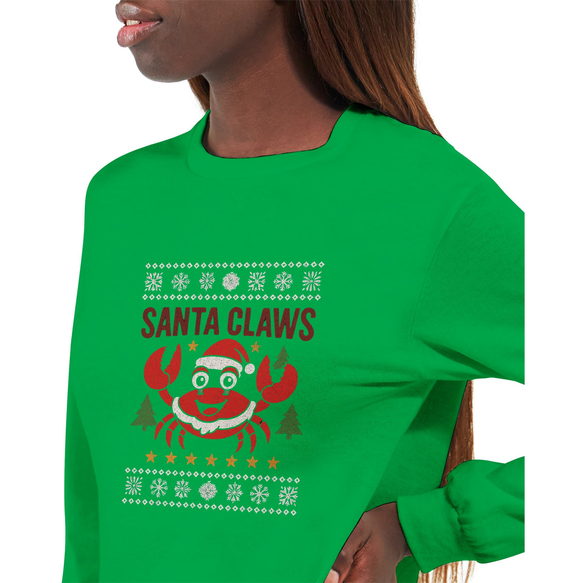 Green sweatshirt with 'Santa Claws' design featuring a crab wearing a Santa hat.