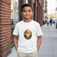 Load image into Gallery viewer, Child wearing a white t-shirt with a Santa Claus design on a city street.
