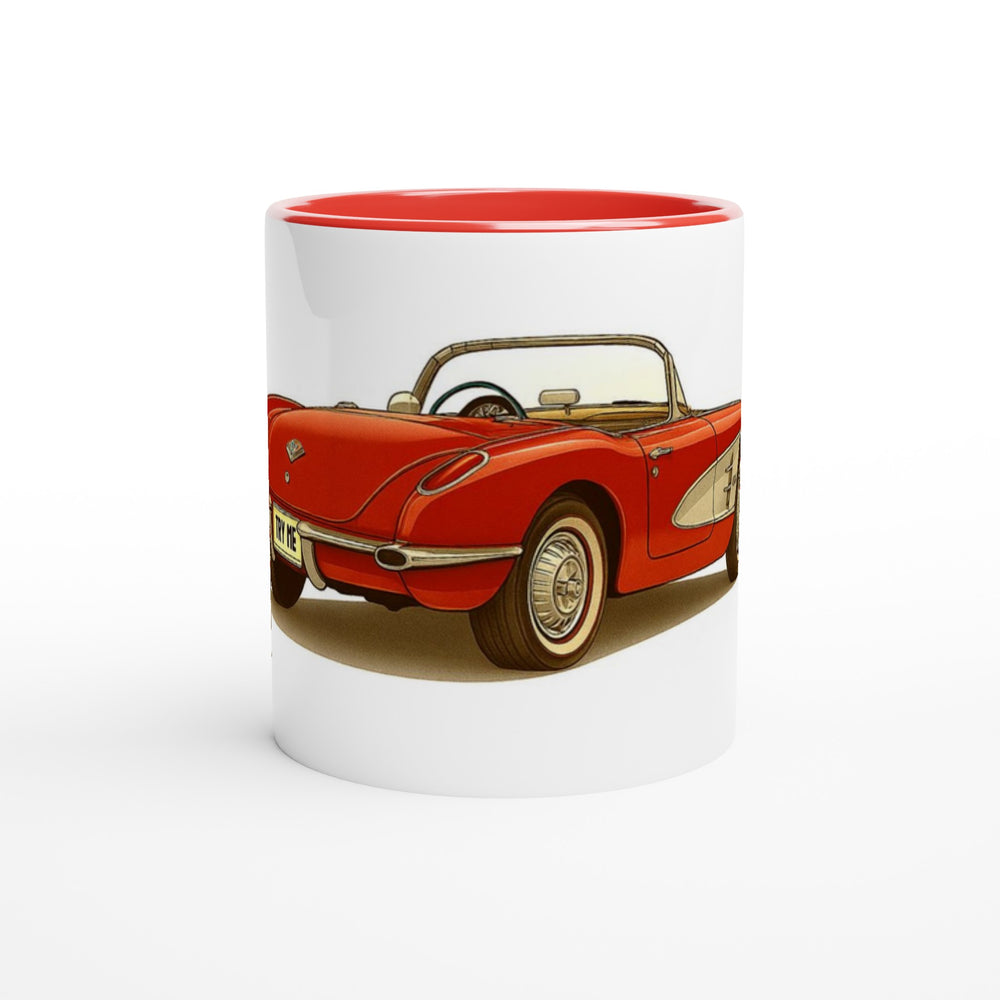 Mug with a red vintage car design on a white background