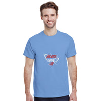 Load image into Gallery viewer, Man wearing a blue t-shirt with &#39;Never Give Up&#39; text on a white background
