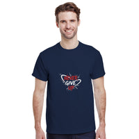 Load image into Gallery viewer, Man wearing a navy blue t-shirt with &#39;Never Give Up&#39; design on a white background
