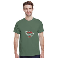 Load image into Gallery viewer, Man wearing a green t-shirt with &#39;Never Give Up&#39; design on a white background
