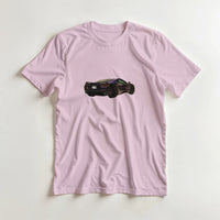 Load image into Gallery viewer, Pink t-shirt with a black car graphic on a white background

