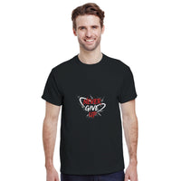 Load image into Gallery viewer, Man wearing a black t-shirt with &#39;Never Give Up&#39; design on a white background
