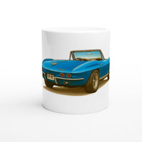 Load image into Gallery viewer, White mug with a blue convertible car design on a white background
