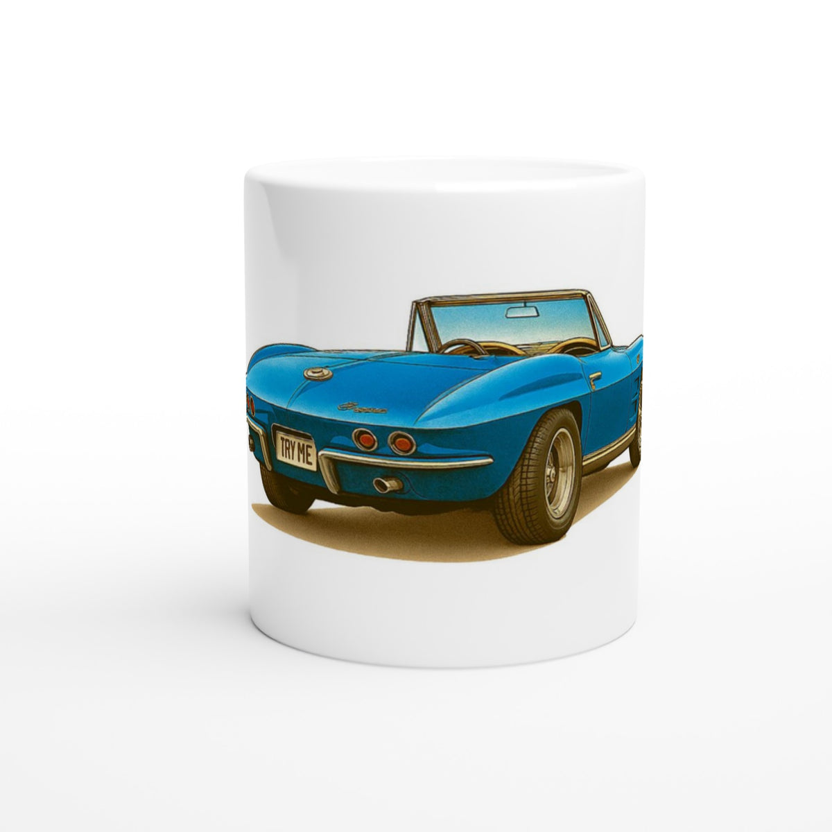 White mug with a blue convertible car design on a white background
