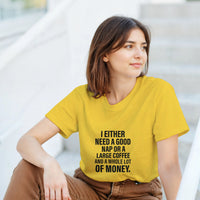 Load image into Gallery viewer, Woman wearing a yellow t-shirt with a humorous text design, sitting on steps.
