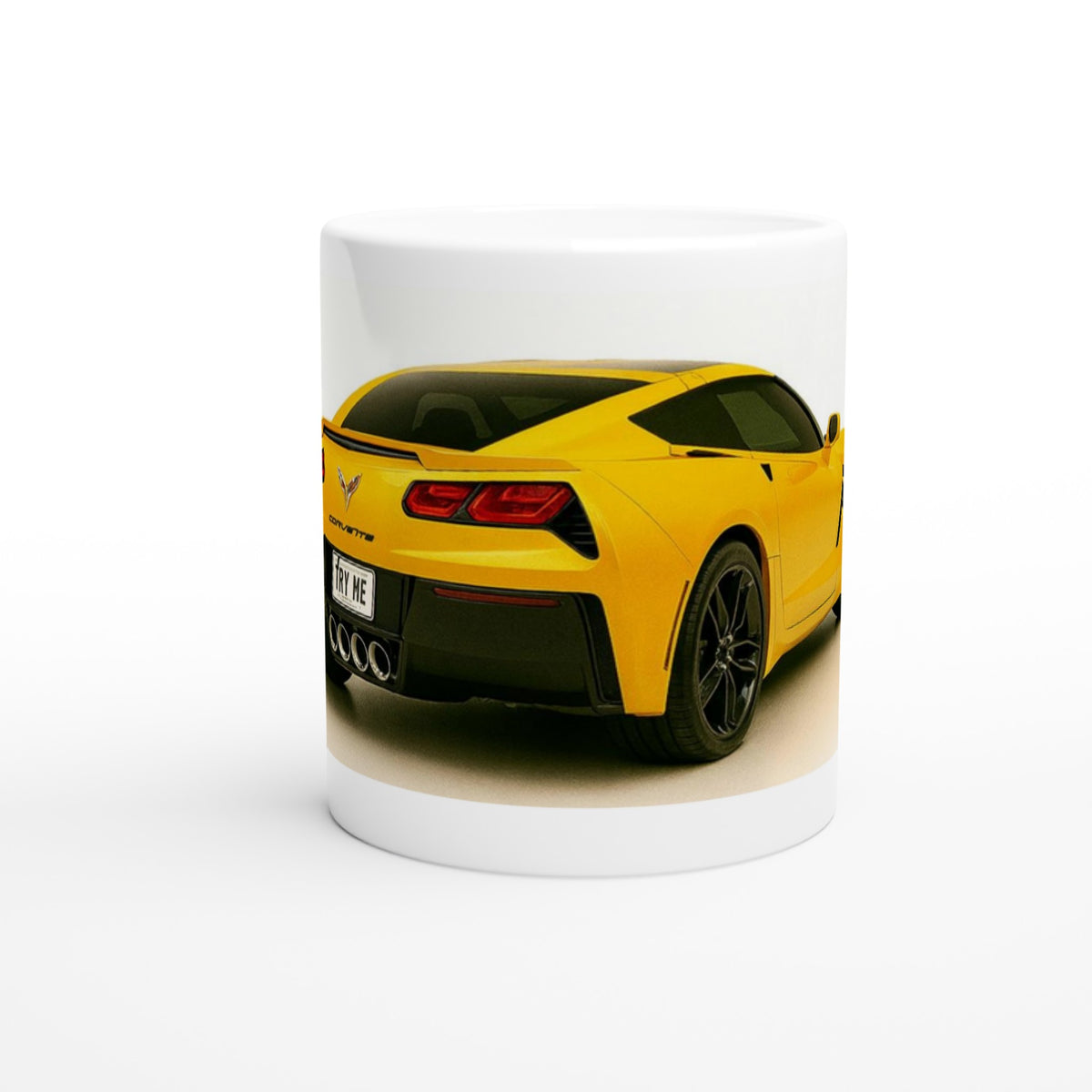 Mug with a yellow sports car design on a white background