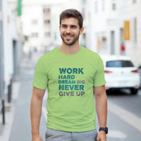 Load image into Gallery viewer, Man wearing a green t-shirt with motivational text on a city street
