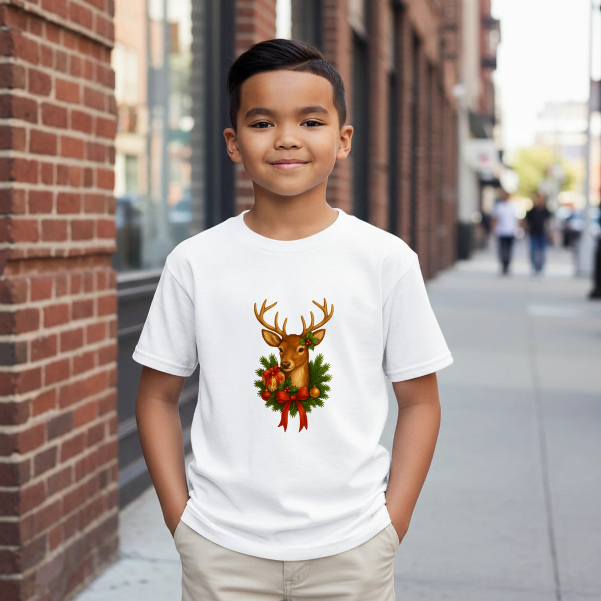 Child wearing a white t-shirt with a reindeer design on a city street.