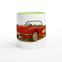 Load image into Gallery viewer, White mug with a red car design on a white background
