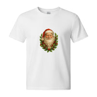 Load image into Gallery viewer, White t-shirt with a graphic of Santa Claus wearing a red hat and surrounded by holly leaves on a white background.
