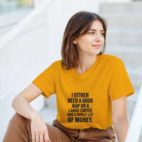 Load image into Gallery viewer, Woman wearing a mustard yellow t-shirt with a humorous text design.

