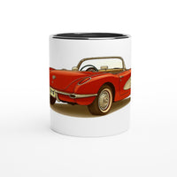 Load image into Gallery viewer, White mug with a red vintage car design on a white background
