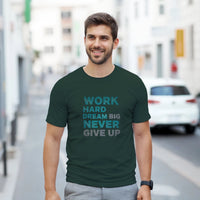 Load image into Gallery viewer, Man wearing a green t-shirt with motivational text on a city street
